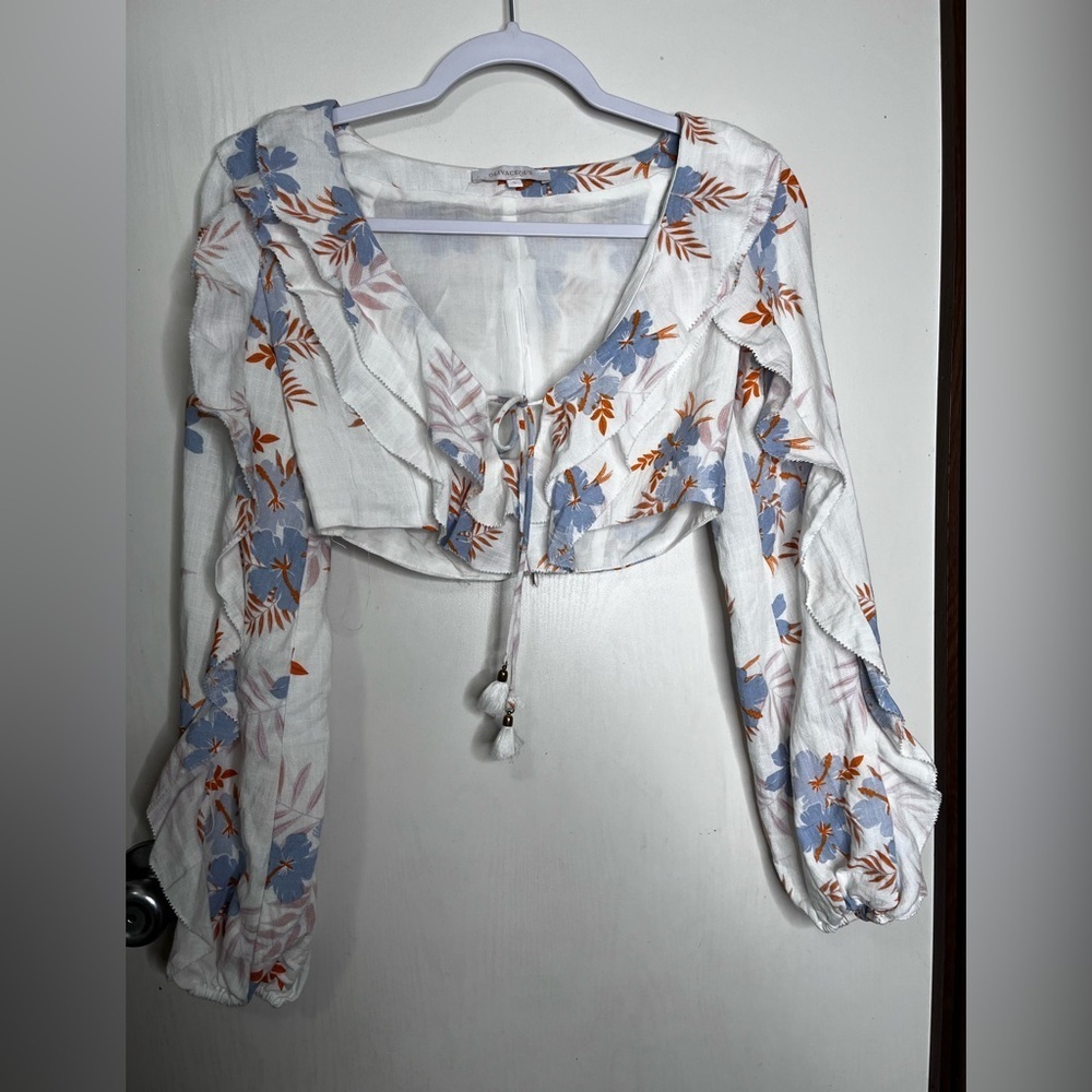 Olivaceous White and Blue Floral Blouse Sz S